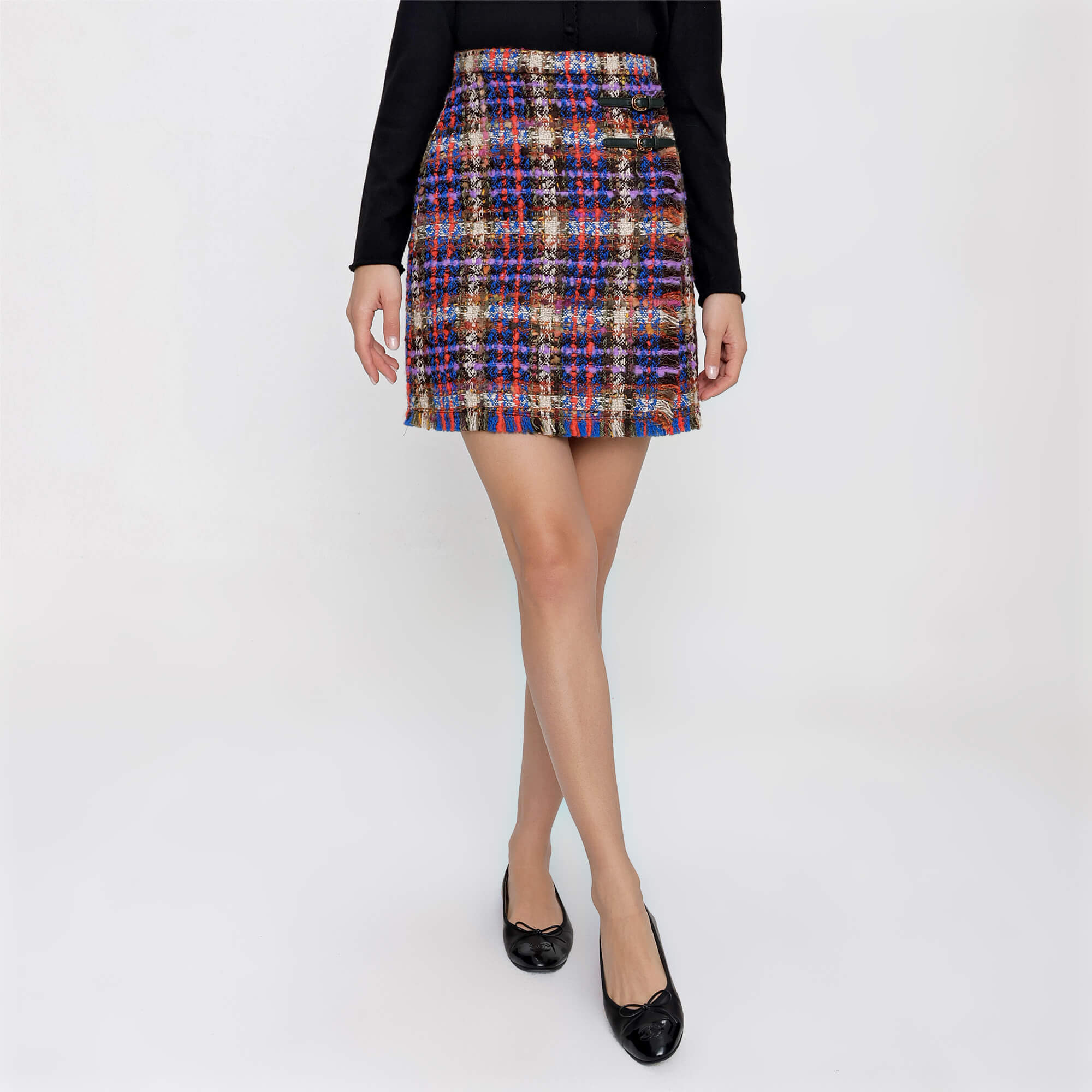 Gucci - Multicolor Belt Detail Tweed Skirt